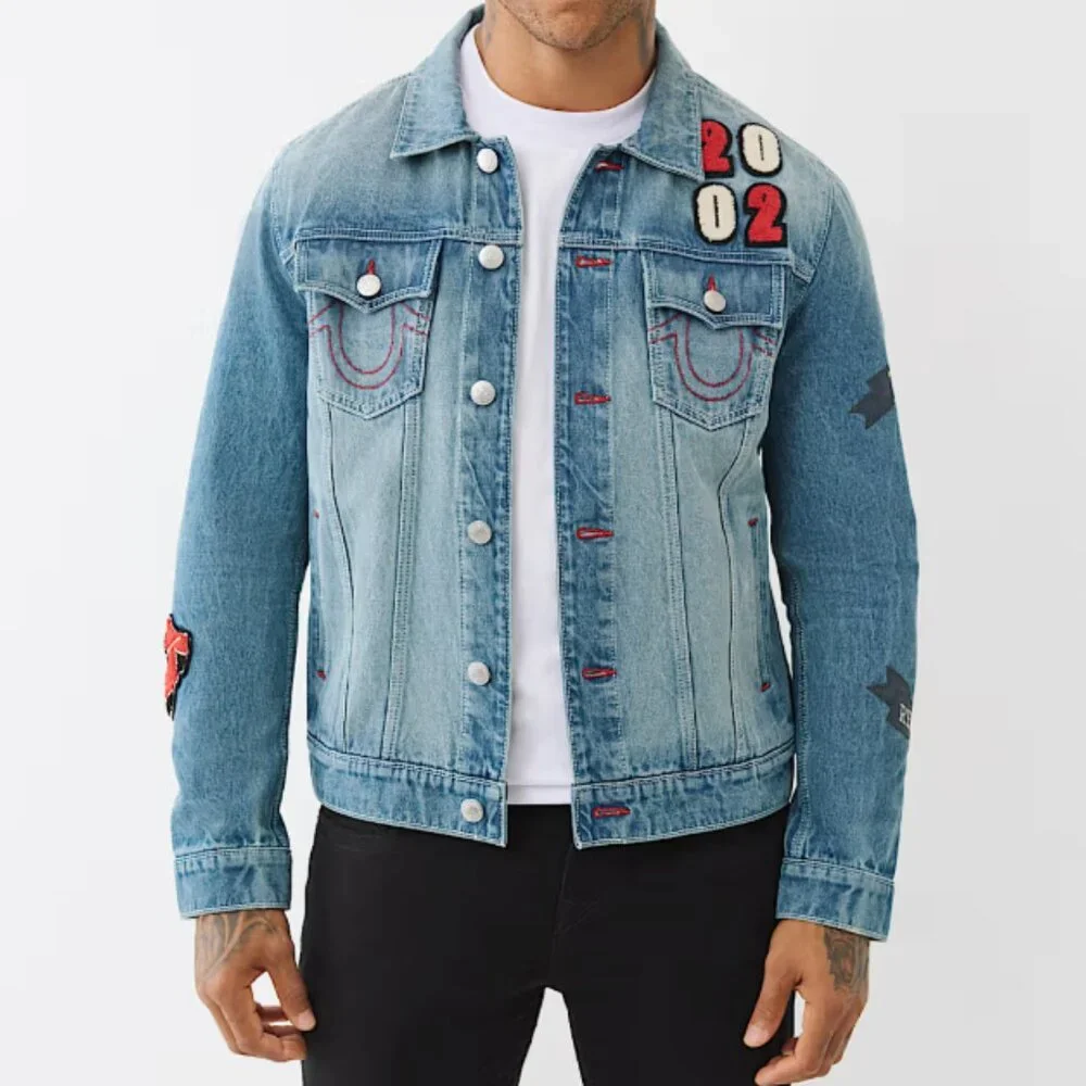 NWT Vintage inspired True Religion Denim Jacket Y2K 2002 Patches Medium Wash L